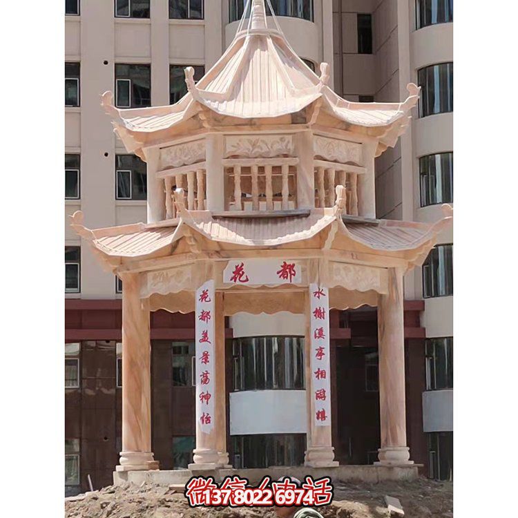 小区广场摆放天然晚霞红二层中式石亭雕塑