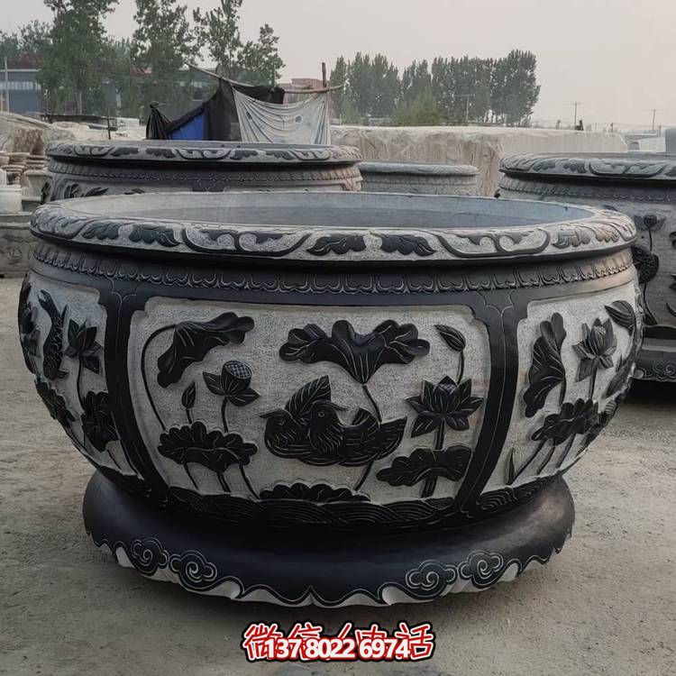 石雕鱼缸花盆仿古青石圆缸招财养鱼庭院户外流水缸雕塑