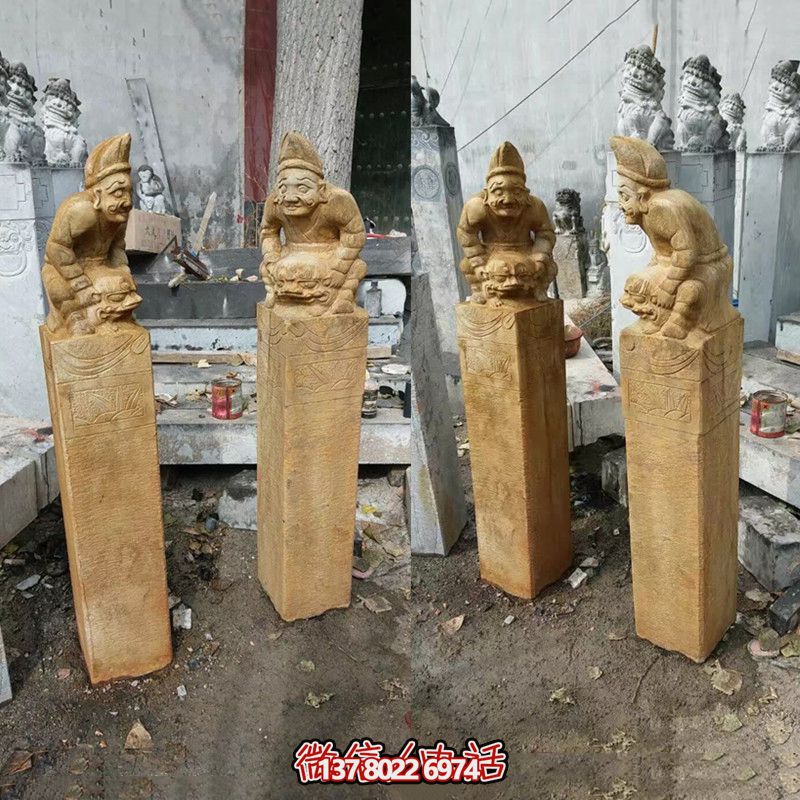 人物浮雕做旧仿古庭院门前摆放拴马柱摆件
