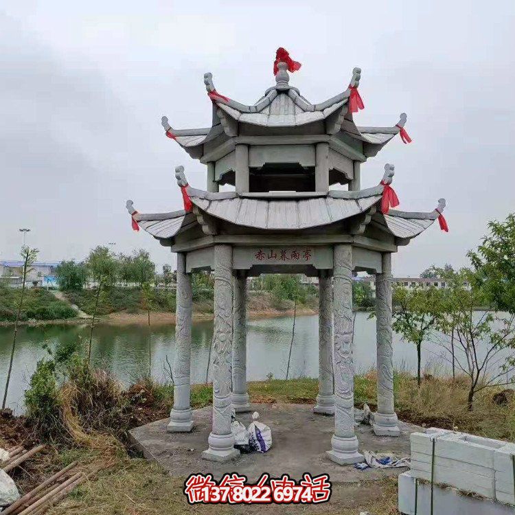 小区园林摆放石雕青石六角休闲石亭子