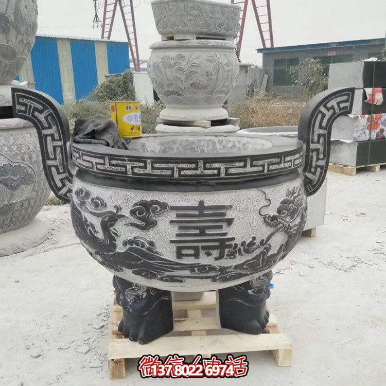 龙凤浮雕青石园林景观摆放圆形香炉雕塑 龙凤浮雕青石园林景观摆放圆形香炉雕塑