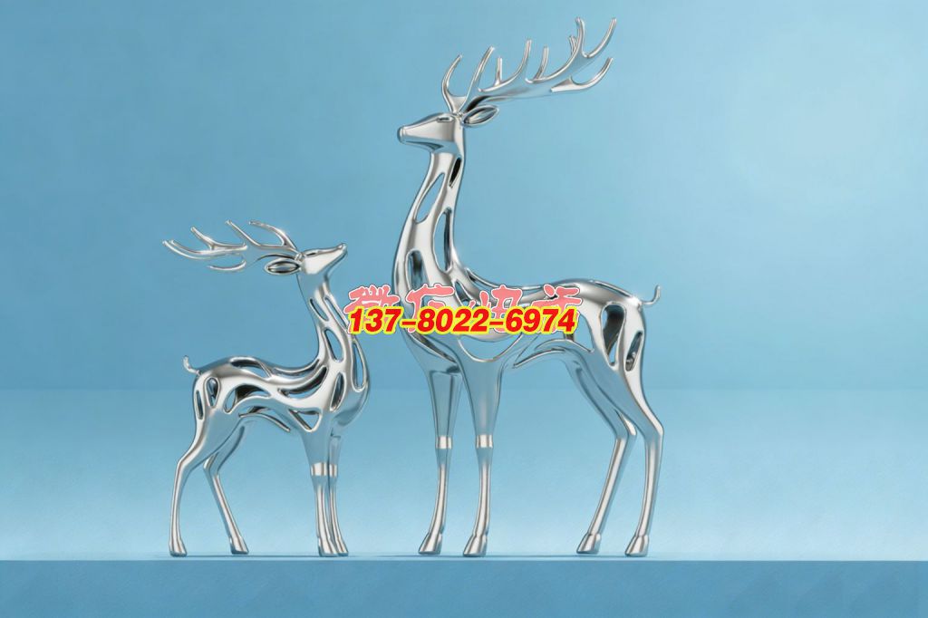 镜熠灵踪：双鹿镂空抽象不锈钢景观雕塑